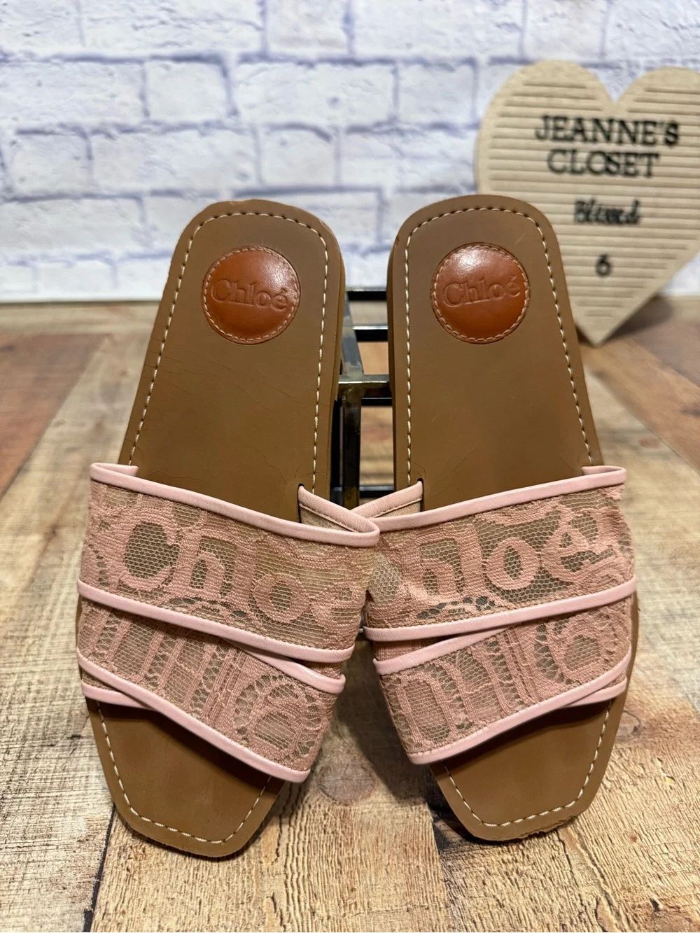 Chloé Lace Slide Sandals Women EU 39 US 8.5 Pink Beige Logo Flats Made in Italy